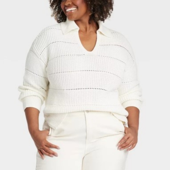 NWT Ava & Viv Pullover Knit Collared V-Neck Sweater In Ivory Size Women's 3X - Picture 1 of 6